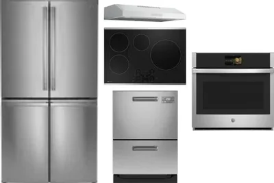 5 Piece Package Includes Refrigerator, Cooktop, Wall Oven, Hood And Dishwasher